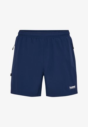 Mörkblå sportshorts med elastisk midja, sidofickor med dragkedja och vit "hummel performance"-logotyp. Tillverkade i lätt tyg.