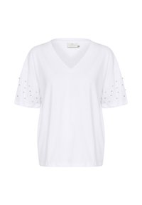 T-shirt blanc à col en V avec manches courtes, orné de clous décoratifs transparents sur les manches. Confectionné en tissu doux, avec une coupe décontractée et un design minimal.