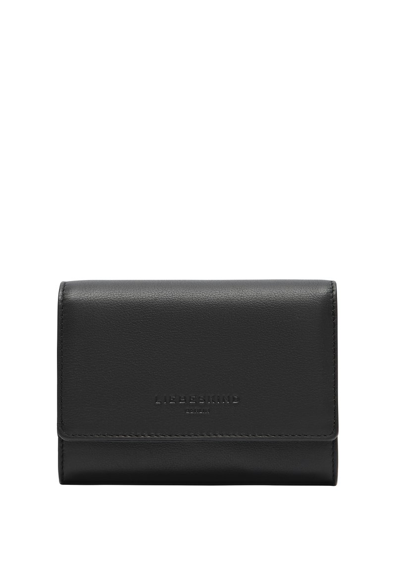 Portefeuille en cuir noir avec une texture lisse, des bords soigneusement cousus et un logo de marque embossé à l'avant. Design compact et rectangulaire.