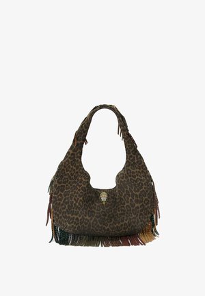 Borsa con stampa leopardata marrone in tessuto morbido e testurizzato. Presenta frange colorate lungo il fondo e una chiusura decorativa sul fronte.