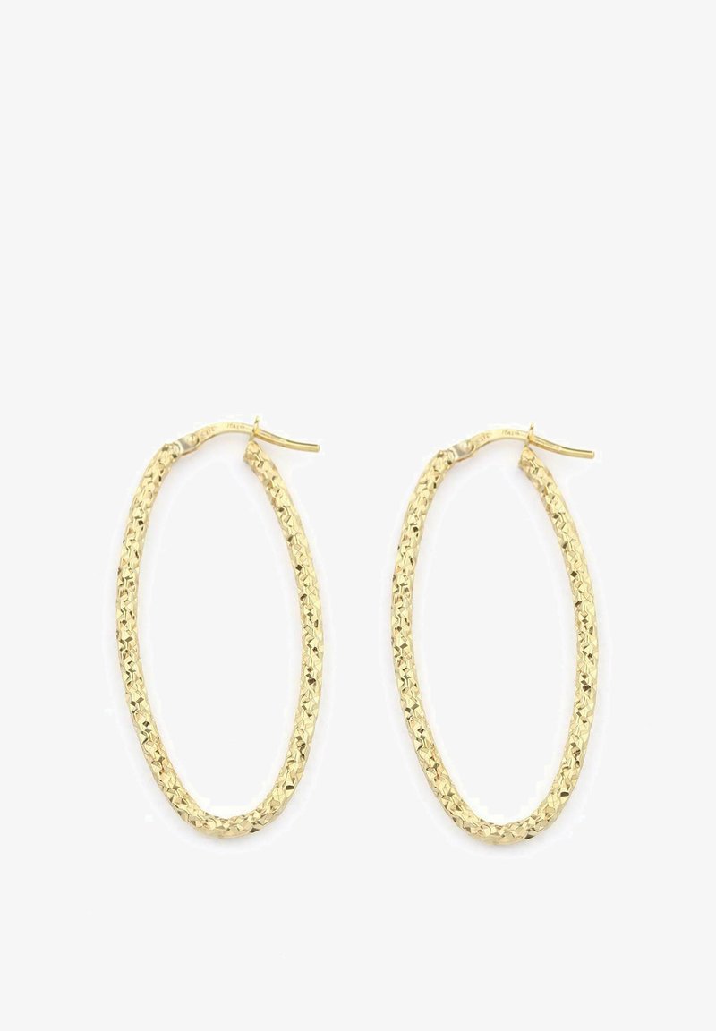 Zlate uhanice v obliki obroča z teksturiranim, zvitim dizajnom. Vsaka uhanica je ovalne oblike, ima sijajno površino in trden zapon.