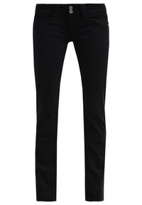 Black, slim-fit jeans made from stretch denim, featuring two front pockets, two back pockets, and a two-button closure with metallic accents.