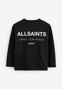 Juodas ilgomis rankovėmis marškinėliai, ant nugaros ryškus baltas tekstas: "ALLSAINTS," japonų simboliai ir "LONDON" apačioje. Minkšta medžiaga.
