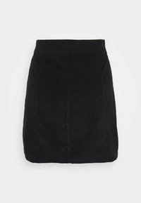 Zwarte corduroy mini-rok met een gladde textuur, hoge tailleband en verticale ribbelpatroon. Rechte snit met zichtbare zijnaht.