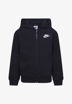 Melns kapucis ar rāvējslēdzēju, izgatavots no kokvilnas maisījuma, ar priekšējo rāvējslēdzēju, divām sānu kabatām un baltu Nike logo kreisajā krūtī.