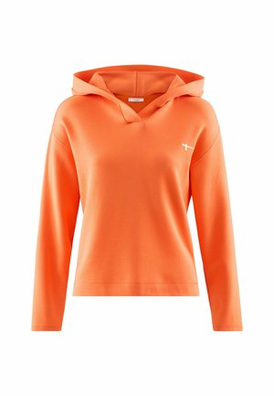 Oranje hoodie met een V-hals ontwerp, lange mouwen en een logo aan de voorkant. Gemaakt van zachte stof met een gladde textuur en een losse pasvorm.