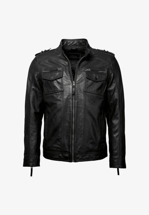 Schwarze Lederjacke mit Reißverschluss vorne, zwei mit Reißverschluss versehenen Brusttaschen und strukturierten Schulterakzenten. Verfügt über einen Stehkragen und taillierte Ärmel.