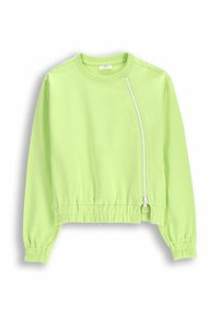 Jasnozielona krótka kurtka wykonana z miękkiego materiału. Posiada boczny zamek błyskawiczny oraz elastyczne mankiety z szeroką, żebrowaną talią.