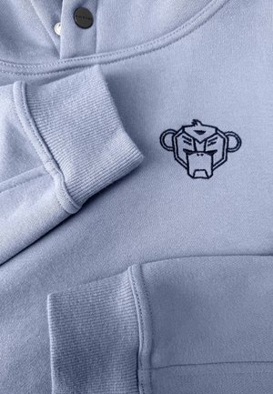 Lichtblauwe hoodie met een ronde hals, knoopdetails en een geborduurd aapjeslogo op de borst. Gladde textuur en ribbels aan de manchetten.