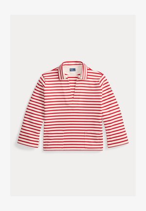 Λευκό πουλόβερ με μακριά μανίκια και κόκκινες οριζόντιες ρίγες, ανοιχτός γιακάς και δύο μπροστινές τσέπες, απλωμένο σε λευκό φόντο.