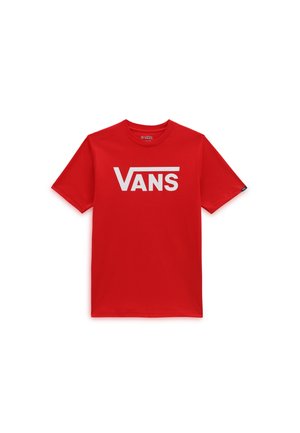 Rød t-shirt med kortærmet og rund halsudskæring med stort hvidt "VANS" logo på brystet.