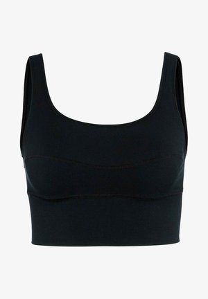 Black sports bra with a scoop neck, wide straps, and a fitted design. Features subtle stitching details and a smooth, stretchy fabric.