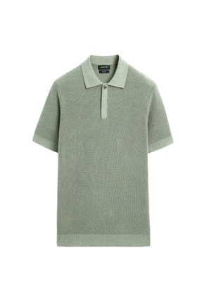 Polo à manches courtes en tissu tricot léger vert clair, avec un col, une patte de boutonnage et une texture côtelée.