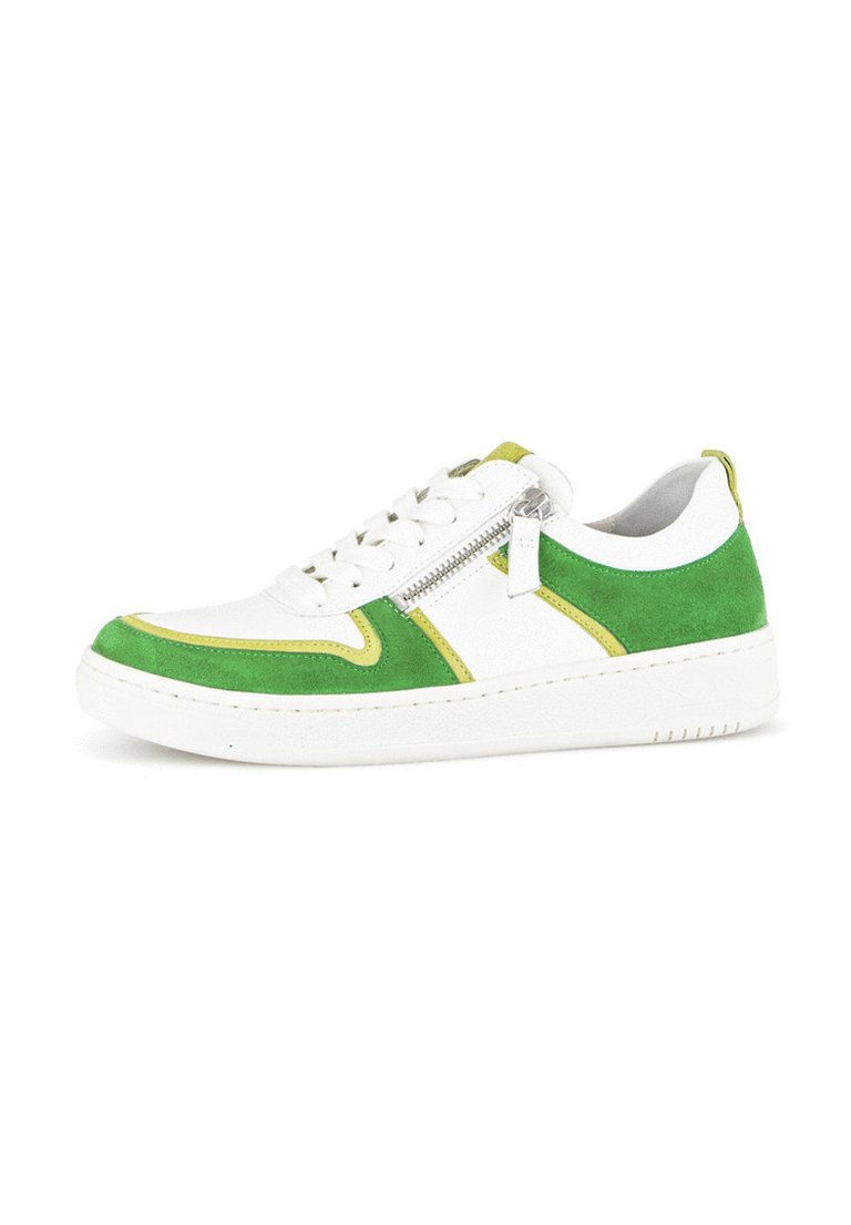 White sneaker with green suede accents, yellow piping, and a side zipper. Classic design features a rubber sole and lace-up front.