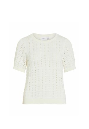 Haut en maille blanc à manches courtes avec motifs perforés verticaux et horizontaux et poignets et ourlet côtelés.