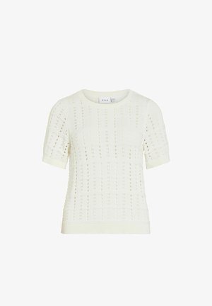 Haut en maille blanc à manches courtes avec motifs perforés verticaux et horizontaux et poignets et ourlet côtelés.