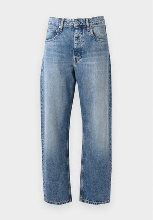 Light blue denim jeans feature a relaxed fit, straight legs, five-pocket design, copper-tone hardware, and a faded finish.