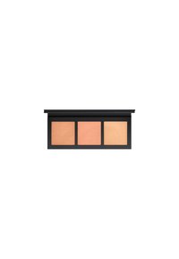 Three-pan makeup palette with a matte black case. Features a deep peach, soft coral, and warm golden highlighter shade. Smooth texture.