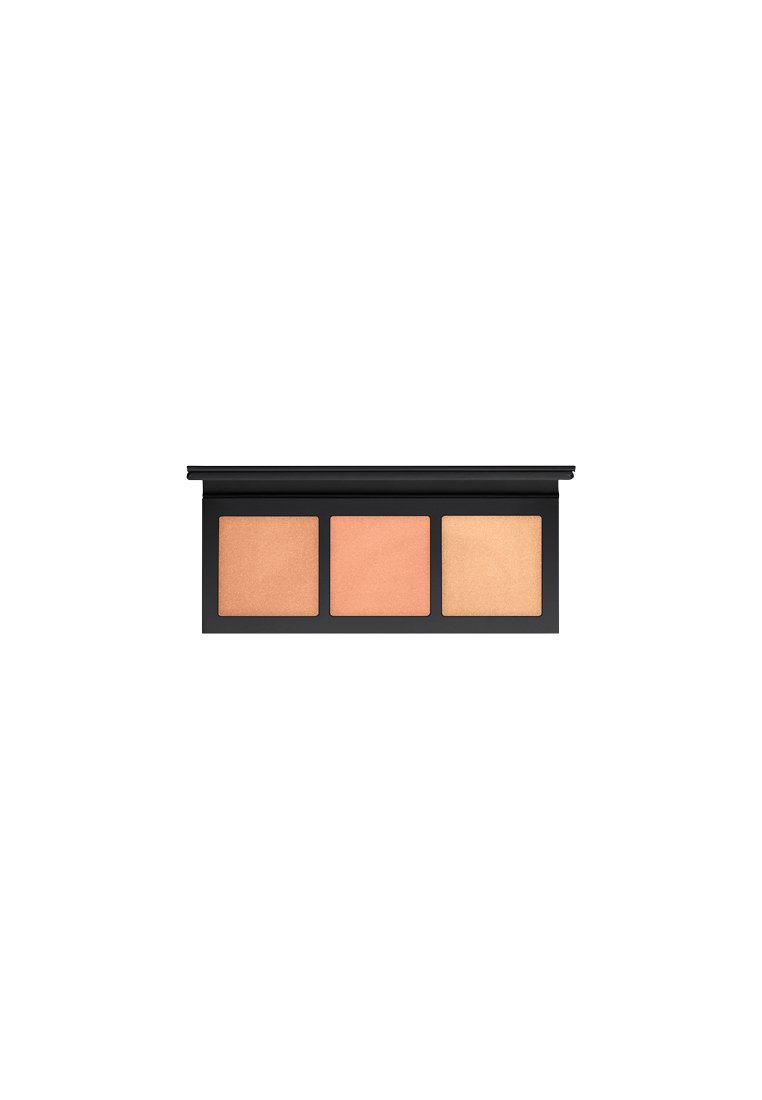 Three-pan makeup palette with a matte black case. Features a deep peach, soft coral, and warm golden highlighter shade. Smooth texture.