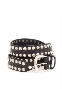 Cintura in pelle nera decorata con borchie metalliche argentate, dotata di una fibbia quadrata in tonalità argentata e di una superficie testurizzata.