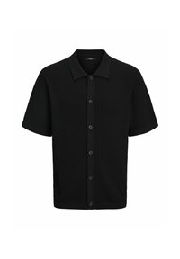 Black short-sleeve button-up shirt with a textured weave, a classic collar, and six front buttons. Simple and versatile design.