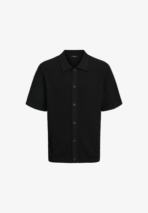 Črna kratka srajca s kratkimi rokavi in gumbi, z teksturirano tkanino, klasičnim ovratnikom in šestimi sprednjimi gumbi. Preprost in vsestranski dizajn.