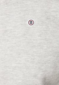 Sudadera ligera de color gris claro con una textura suave, que presenta un pequeño logo redondo en rojo, blanco y azul cerca de la parte superior central.