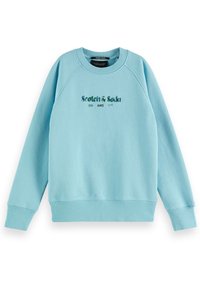 Sudadera azul claro con cuello redondo y mangas raglán. Presenta texto bordado en el frente y una textura suave y cepillada.