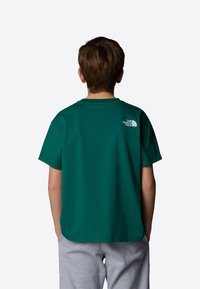 Green cotton t-shirt with short sleeves, crew neck, featuring a small white logo on the upper back. Worn with gray sweatpants.