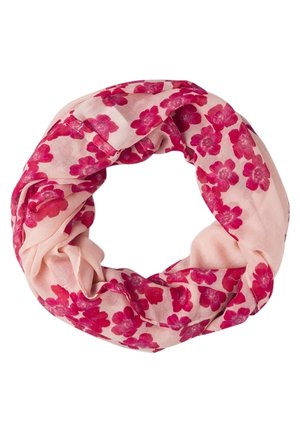 Écharpe en tissu rose clair avec un motif de fleurs roses vives, pliée en forme de boucle circulaire.