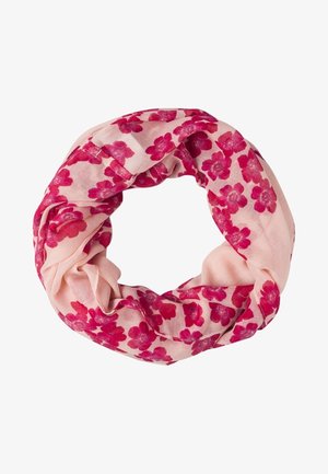 Écharpe en tissu rose clair avec un motif de fleurs roses vives, pliée en forme de boucle circulaire.
