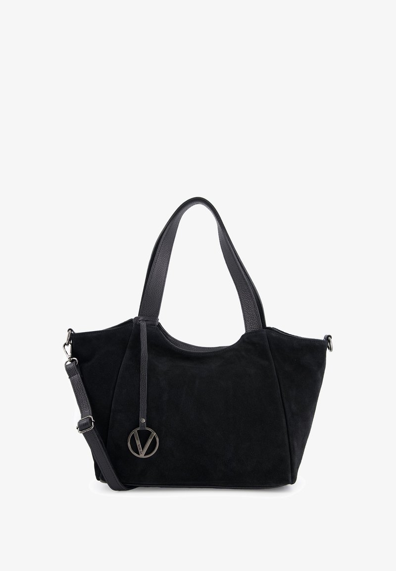 Black suede tote bag with dual handles and an adjustable shoulder strap. Features a metal logo accent and textured detailing on straps.