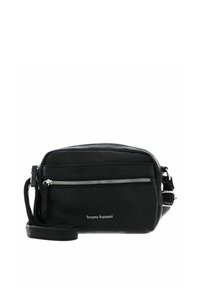 Black leather crossbody bag with a textured finish, featuring a front zip pocket, adjustable strap, and silver hardware accents.