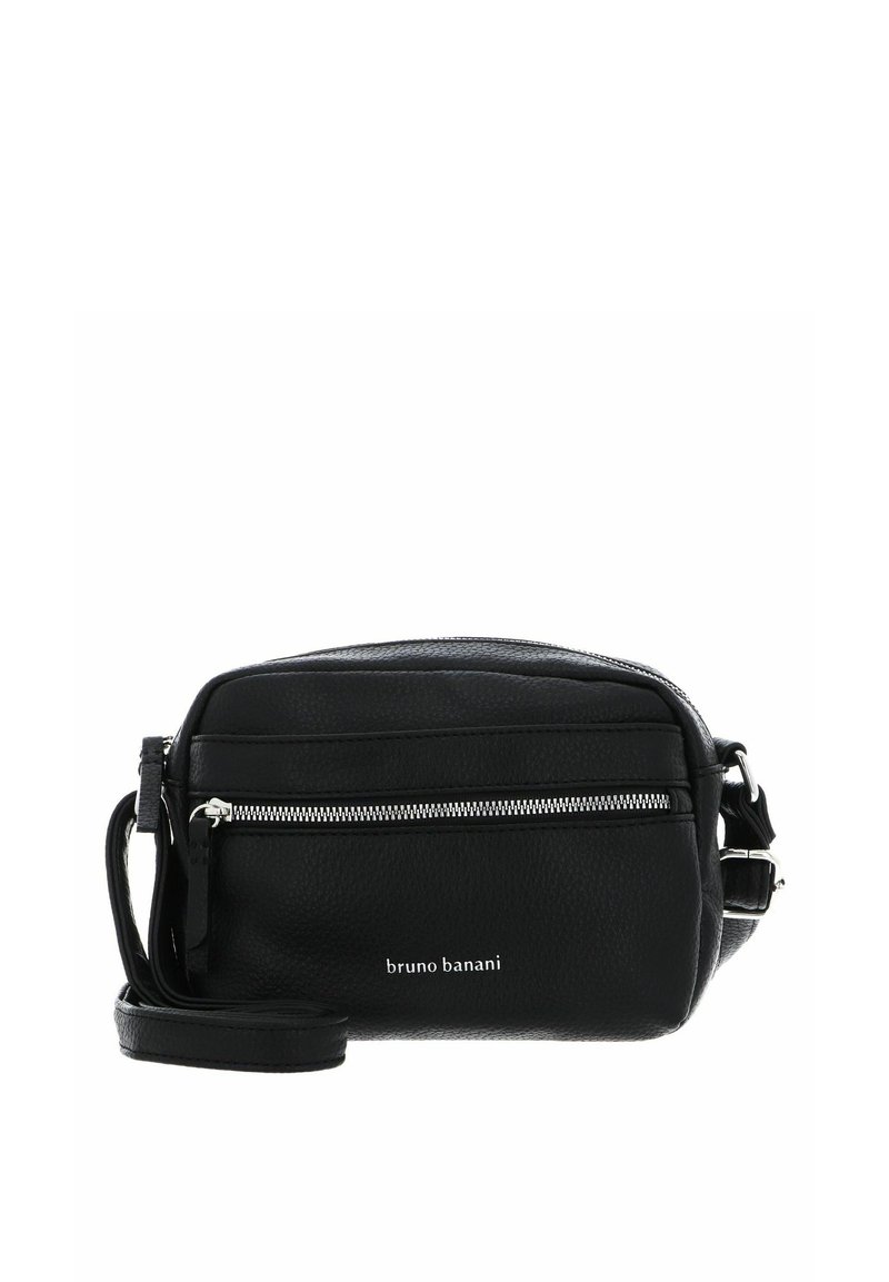 Black leather crossbody bag with a textured finish, featuring a front zip pocket, adjustable strap, and silver hardware accents.