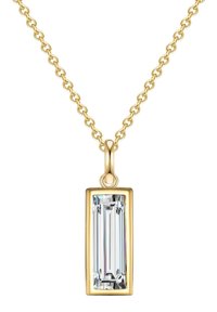 Collar de cadena dorada con un colgante rectangular de cristal transparente facetado con un acabado pulido y un sencillo lazo de suspensión.