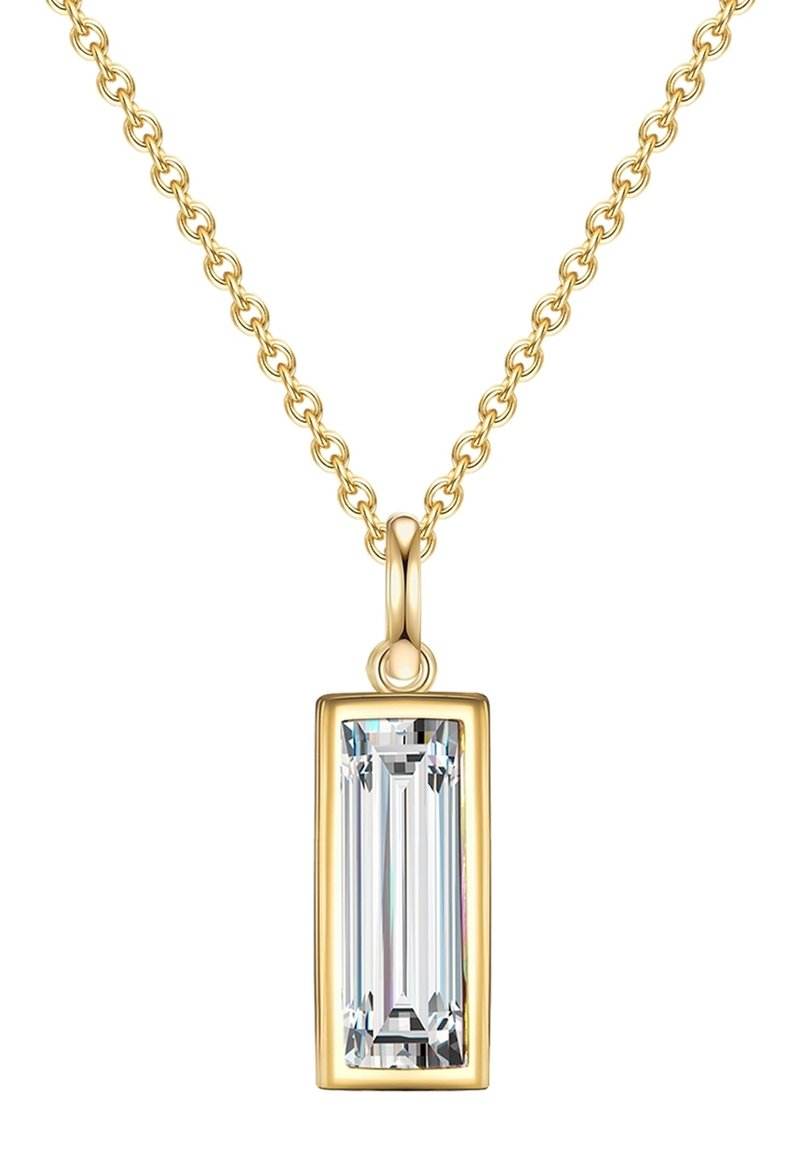 Collar de cadena dorada con un colgante rectangular de cristal transparente facetado con un acabado pulido y un sencillo lazo de suspensión.