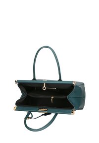 Teal leren handtas met gestructureerde buitenkant, open top en gouden hardware. Bevat binnenzakken en dubbele handvatten voor het dragen.