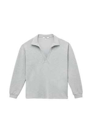 Pulóver de manga larga gris claro con cuello abierto y corte relajado, hecho de una suave mezcla de algodón.