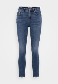 Mørkeblå skinny jeans lavet af denim med en glat tekstur, fem-lomme design og kobberknapdetalje i taljen.