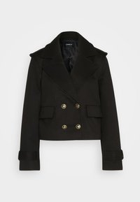 Czarna krótka kurtka z podwójnym zapięciem, złotymi guzikami, dużymi klapami i dwoma przednimi kieszeniami. Teksturowany materiał z gładką podszewką.