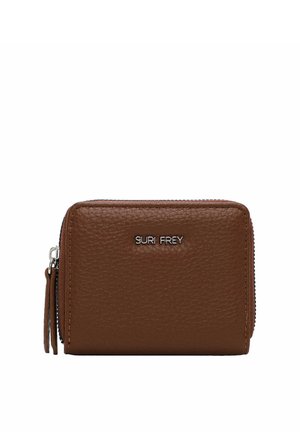 Compact brown textured leather wallet with zipper closure and metal logo "SURI FREY" on the front.