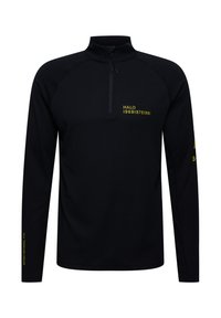 Schwarzes Langarmoberteil mit halb-zipper Kragen. Verfügt über strukturierten Stoff und gelbe Markenkennzeichnung auf der Brust und dem Ärmel. Slim-Fit-Design.