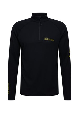 Zwarte lange mouwen top met een halve rits kraag. Kenmerkt zich door een gestructureerde stof en gele branding op de borst en mouw. Slanke fit design.