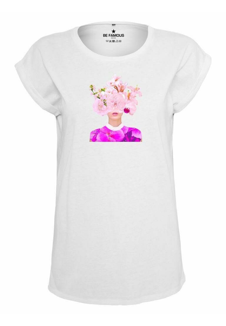 White cotton t-shirt with rolled sleeves. Center graphic features a face obscured by pink flowers and a purple floral pattern on the neck area.