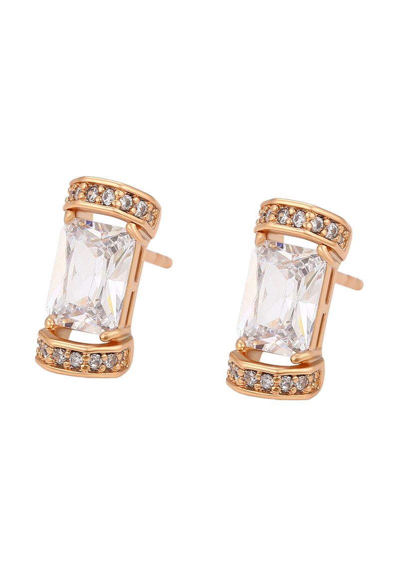 Náušnice ze růžového zlata s obdélníkovým průhledným kamenem obklopeným menšími průhlednými akcenty, s hladkým povrchem a otevřeným designem.