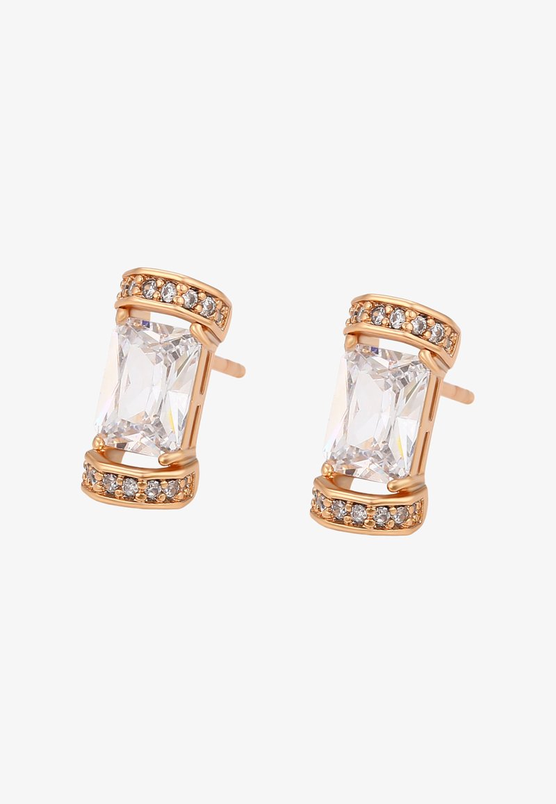 Korvakorut vaaleanpunaisesta kullasta, joissa on suorakulmainen kirkas kivi, jota ympäröi pienempiä kirkkaita korostuksia, joissa on sileä pinta ja avoin muotoilu.