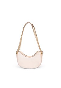 Beige Handtasche mit geschwungener Silhouette, glatter Textur und goldenen Kettenriemen-Details. Mit Reißverschlussverschluss und abgerundeten Kanten.