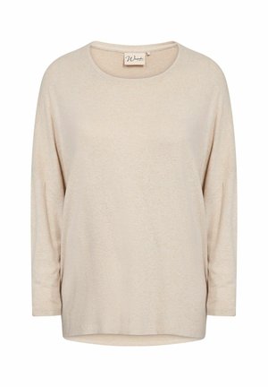 Beige långärmad topp med rund halsringning, mjuk textur, avslappnad passform och subtilt melerat mönster. Inga synliga detaljer eller accentfärger.