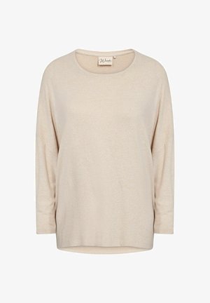 Beige hosszú ujjú felső, kerek nyakkal, puha textúrával, laza szabással és finom heatherelt mintával. Nincsenek látható hardverek vagy díszítések.