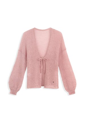 Różowy sweter z dzianiny o głębokim dekolcie w kształcie litery V, z zapięciem na kokardę i balonowymi rękawami. Miękka tekstura, luźny krój i subtelny blask.